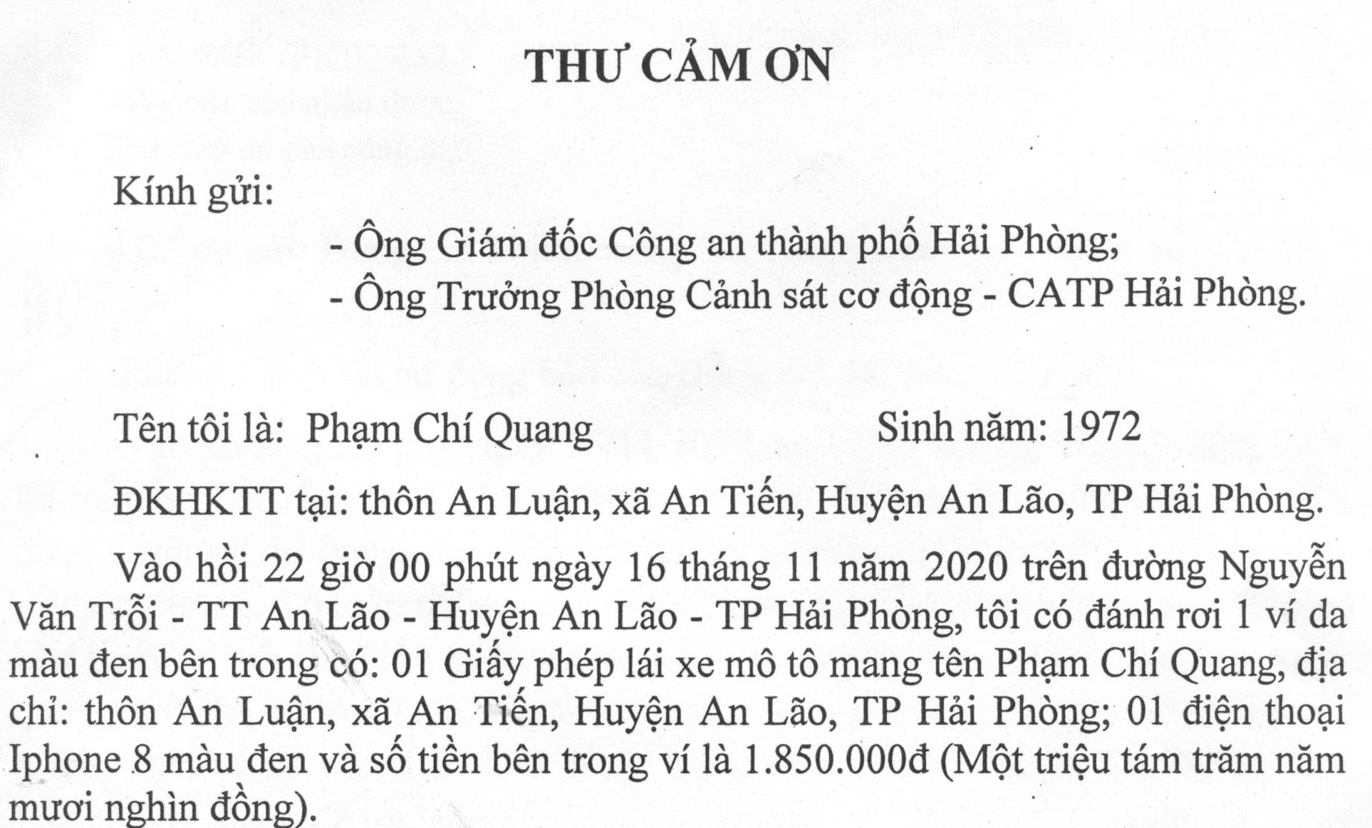 Ông Phạm Chí Quang gửi thư cảm ơn Phòng Cảnh sát cơ động về việc được trả lại tài sản bị rơi